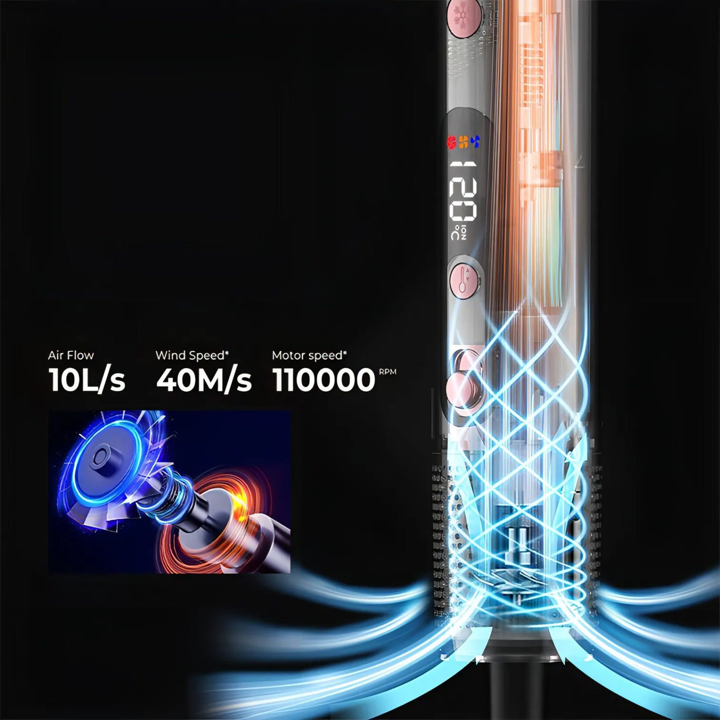 High-speed Keovy Hot Air Brush with technical specifications on a black background