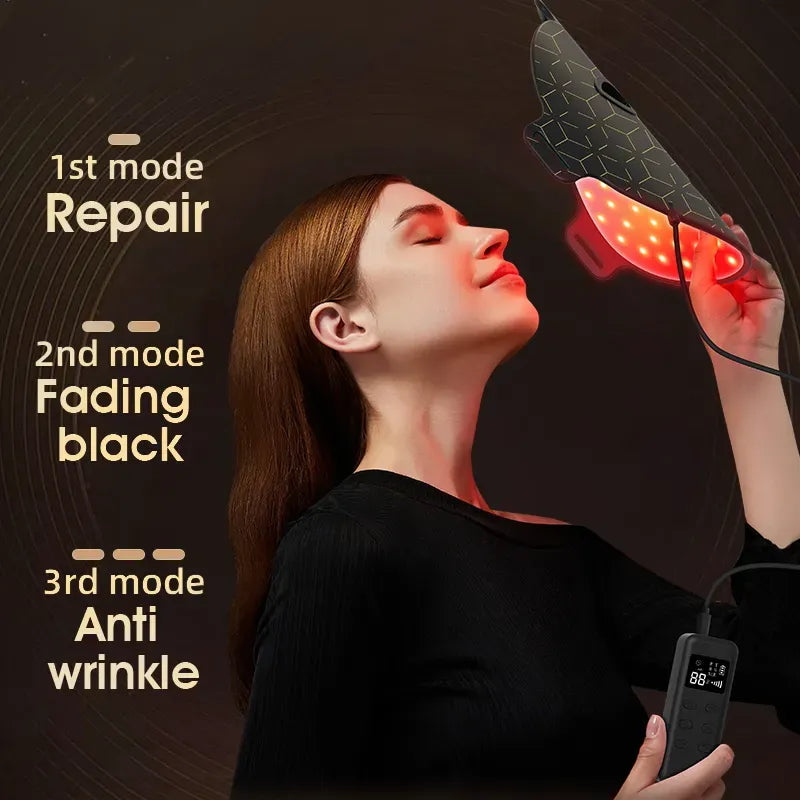 Person using a Keovy LED Face Mask on their face with text indicating repair, fading black, and anti-wrinkle modes.