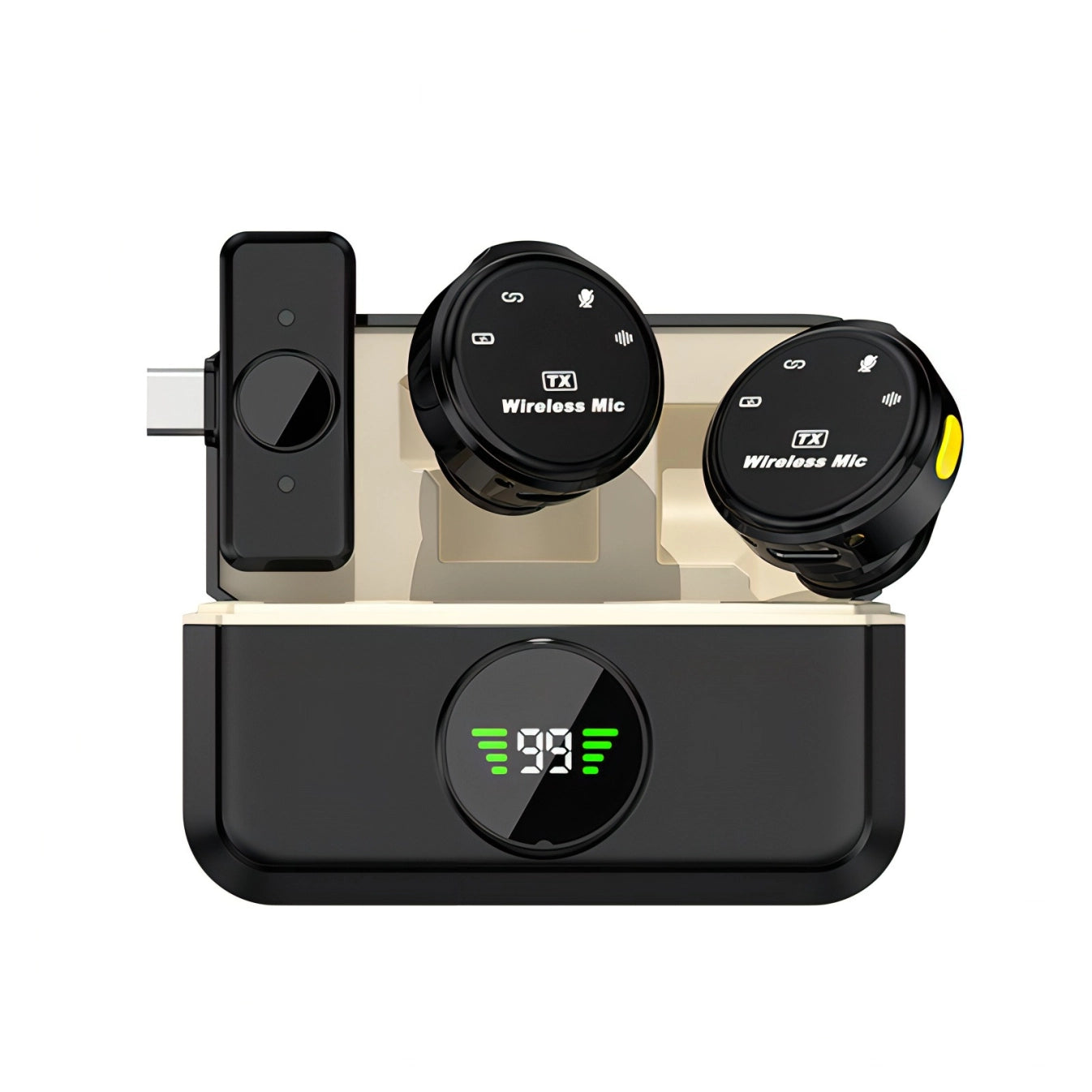 Wireless Keovy Lavalier Microphone system with transmitter and receiver on a white background