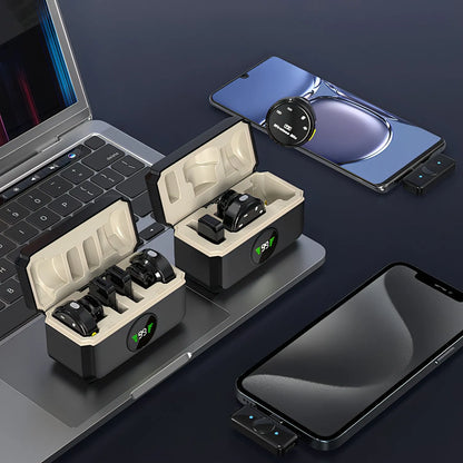 Wireless Keovy Lavalier Microphone in open cases with a smartphone and laptop on a dark surface