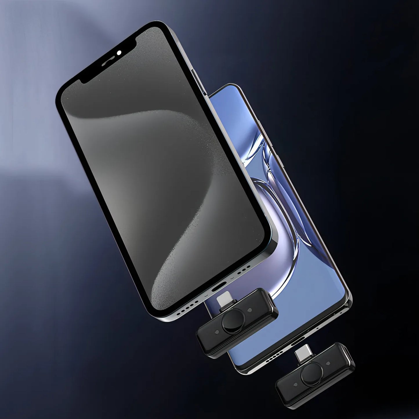 Two smartphones with a small Keovy Lavalier Microphone on a gradient blue and black background