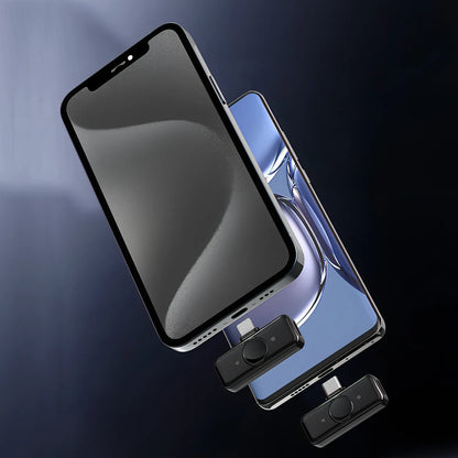 Two smartphones with a small Keovy Lavalier Microphone on a gradient blue and black background