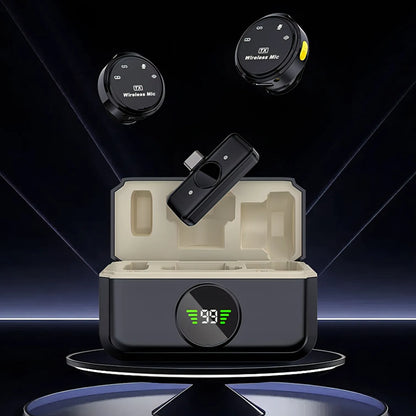 Keovy Lavalier Microphone system with transmitter, receiver, and case on a dark background