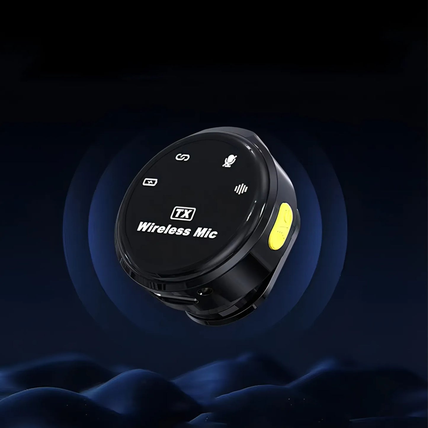 Black Keovy Lavalier Microphone transmitter with TX label on a dark background