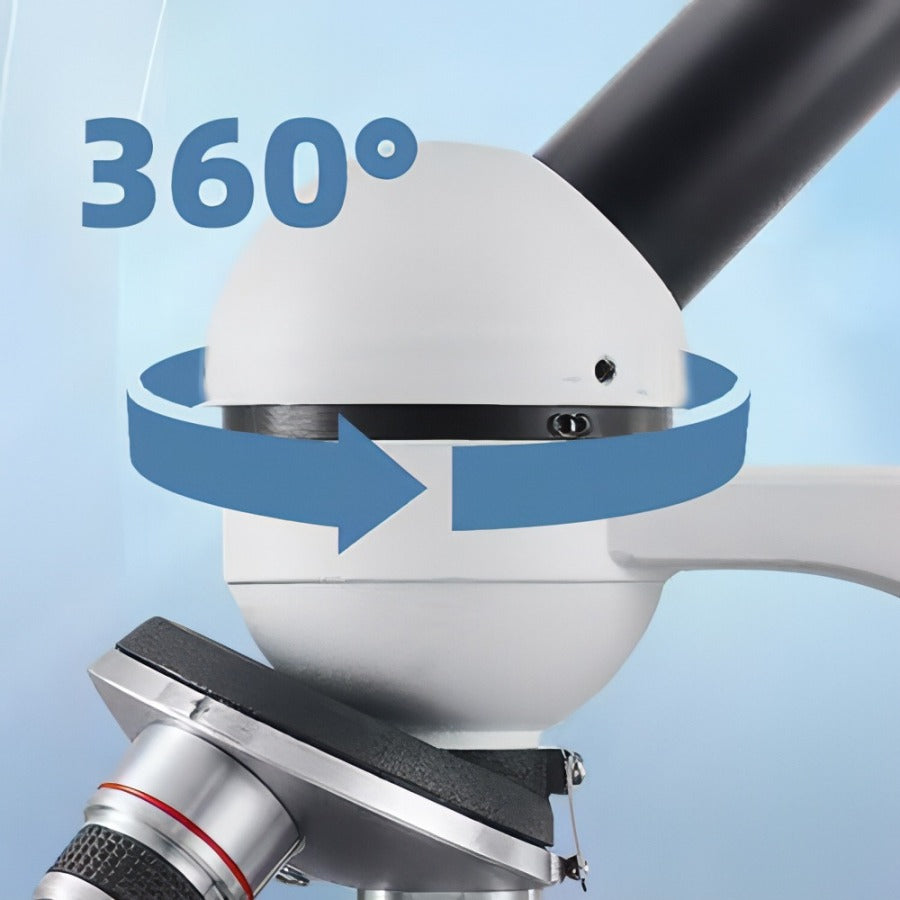 White spherical object with a black arm and '360°' text on a blue background