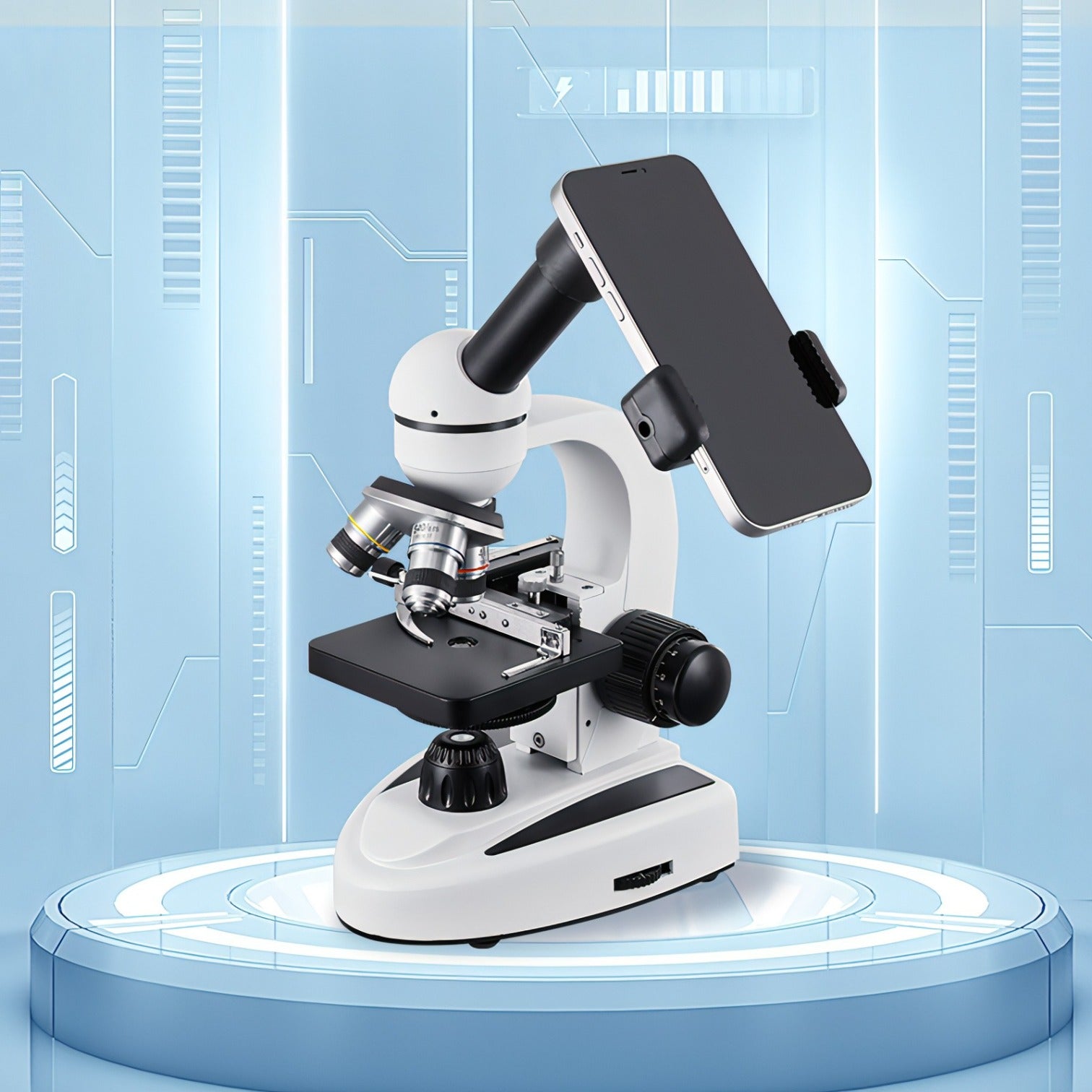 Keovy Microscope with smartphone attachment on a futuristic blue background