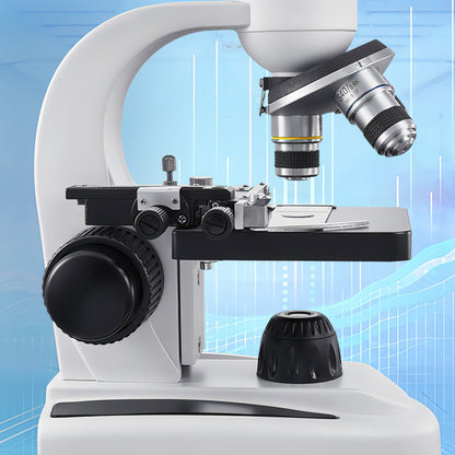 Keovy Microscope on a blue background with technical design elements