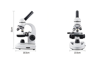 Two Keovy Microscope with dimensions labeled on a white background