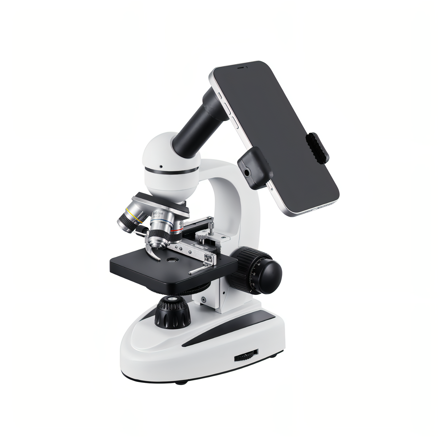 Keovy Microscope with smartphone attachment on a white background