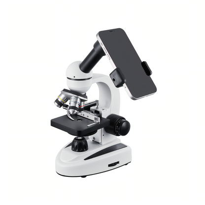 Keovy Microscope with smartphone attachment on a white background