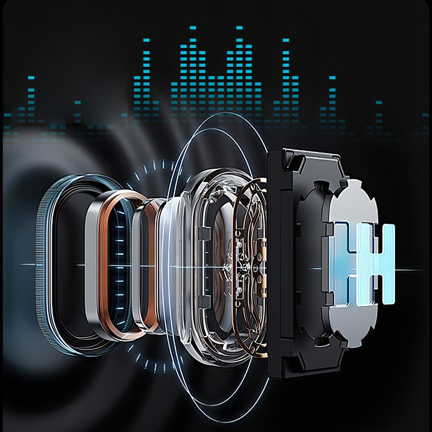 Keovy Smart Glasses with a transparent back design, showing internal components on a dark background with digital waveforms.