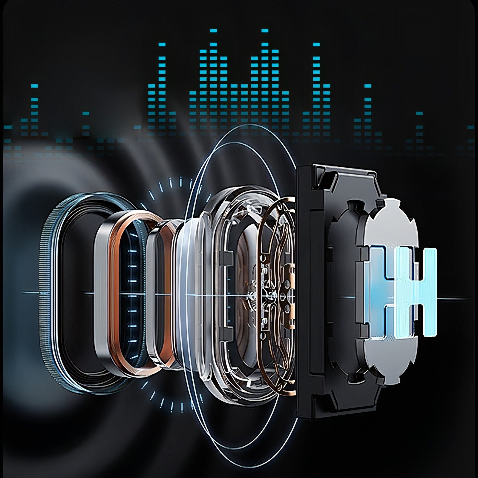 Keovy Smart Glasses with a transparent back design, showing internal components on a dark background with digital waveforms.