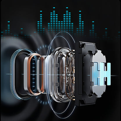 Keovy Smart Glasses with a transparent back design, showing internal components on a dark background with digital waveforms.
