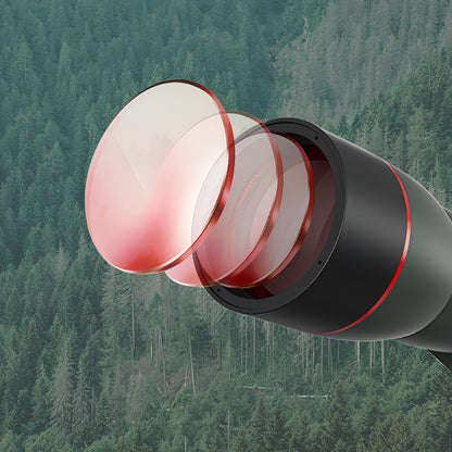 Black and red laser Keovy Spotting Scope against a forest background