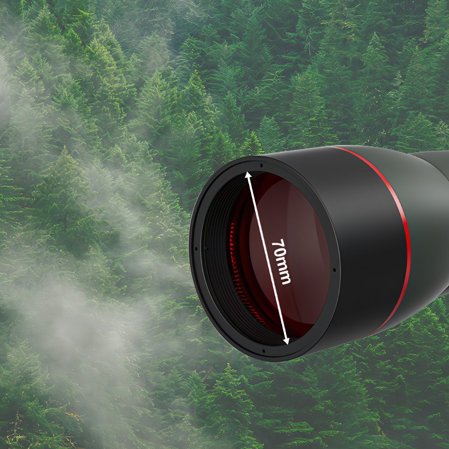 Keovy Spotting Scope lens with '70mm' marking against a forest background