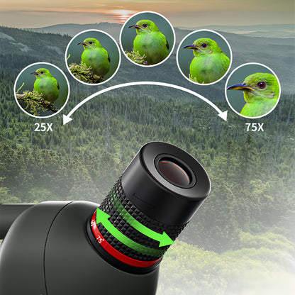Keovy Spotting Scope lens with magnification options and bird illustrations in a forest setting
