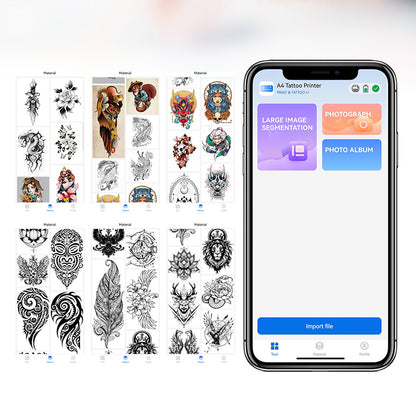 Phone app interface for tattoo design selection with various tattoo images on a white background