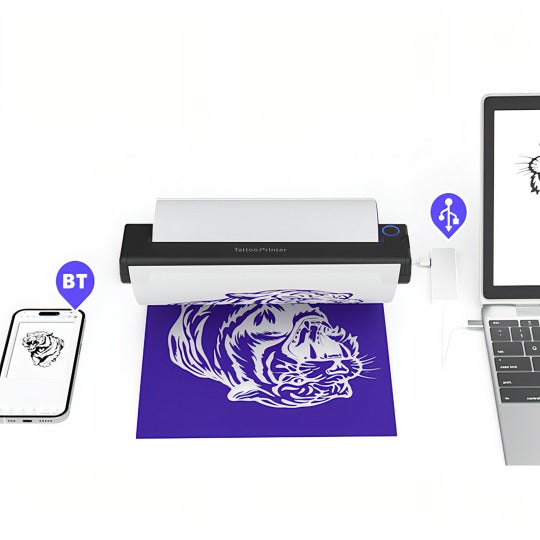 Stylus Keovy Tattoo Printer with tiger design on a purple mat, connected to a phone and tablet.