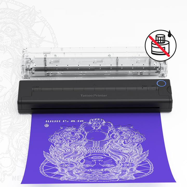 Keovy Tattoo Printer with a printed design on purple paper, featuring a no ink symbol.