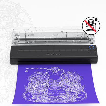 Keovy Tattoo Printer with a printed design on purple paper, featuring a no ink symbol.