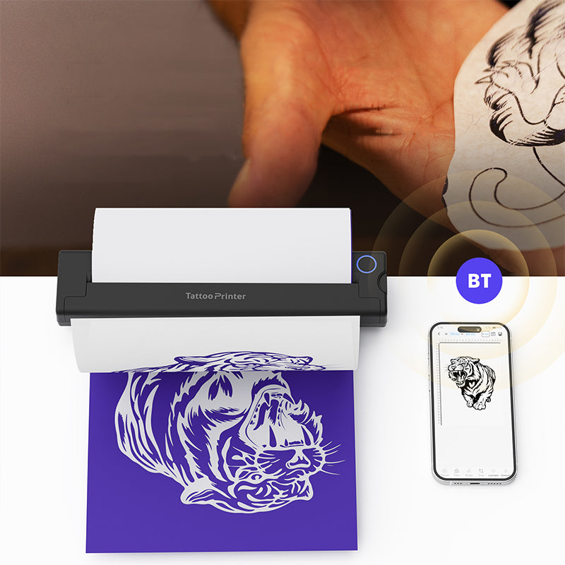 Keovy Tattoo Printer with tiger design on a white background, phone displaying design, and tattoo on arm.