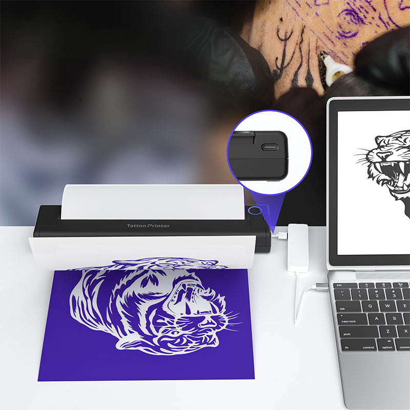 Keovy Tattoo Printer with a tiger design on paper, laptop, and tattoo artist's arm with a tattoo.