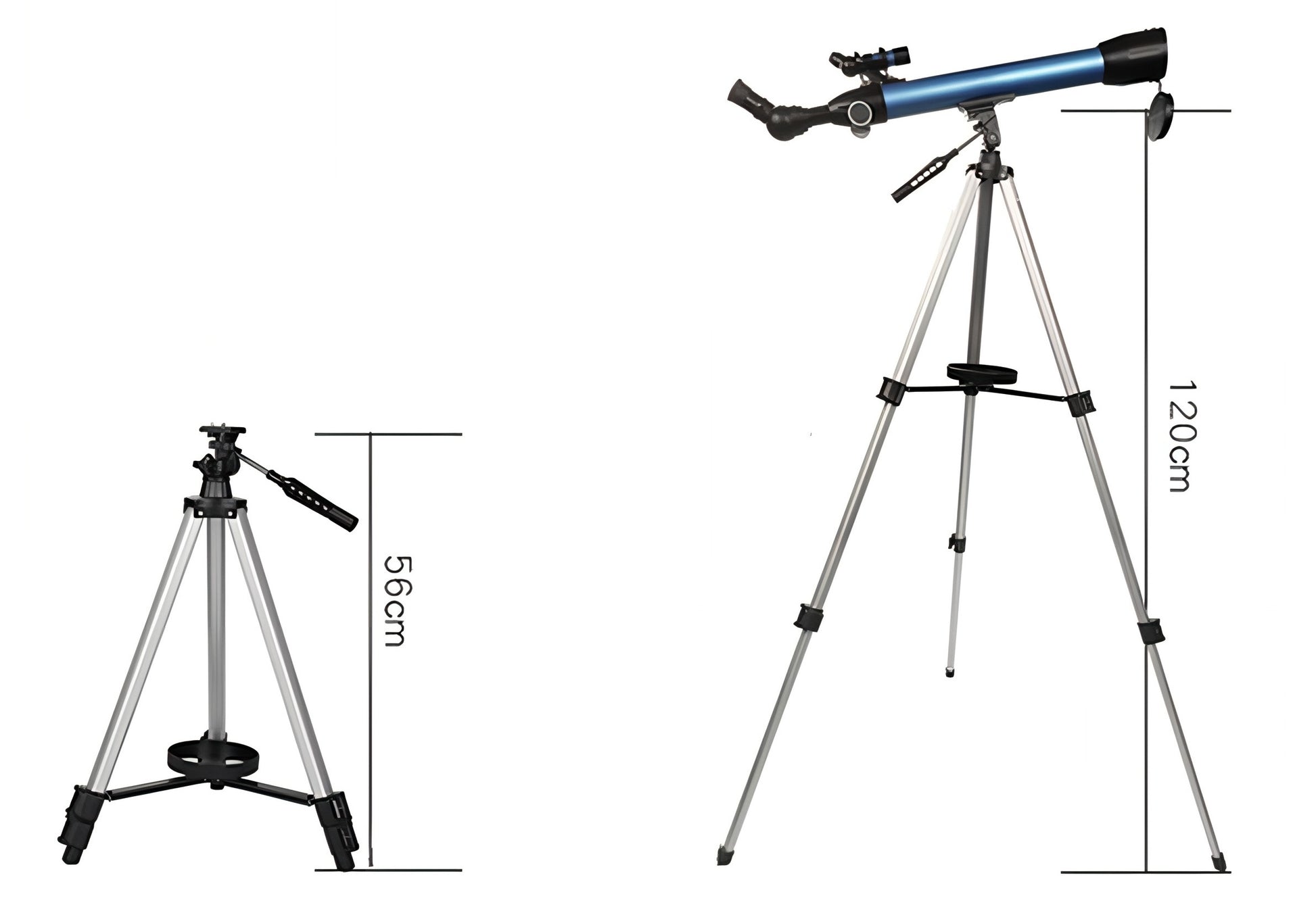 Keovy Telescope with tripod on a white background with measurements indicated