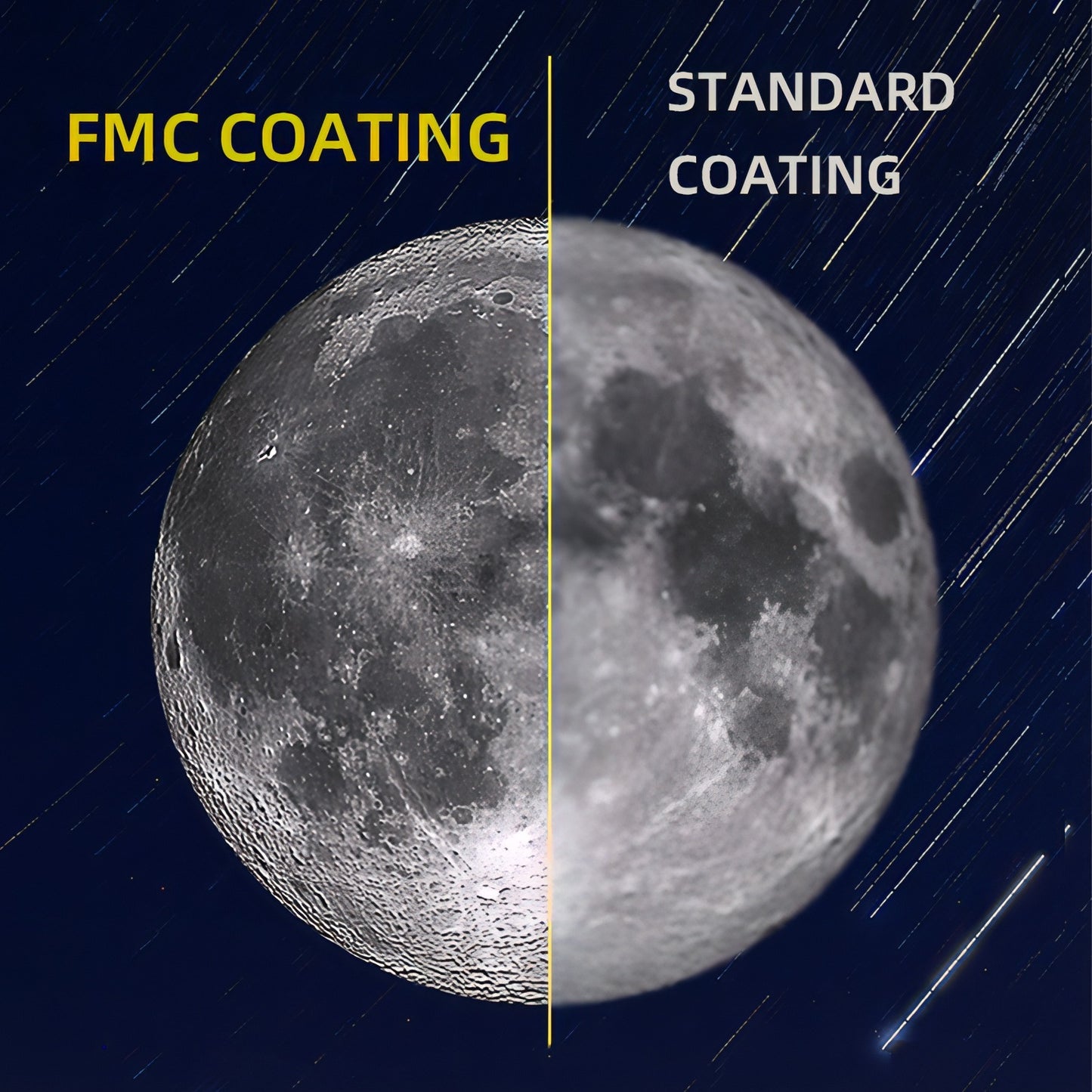 Comparison of FMC coating and standard coating on a moon-like surface with starry background.