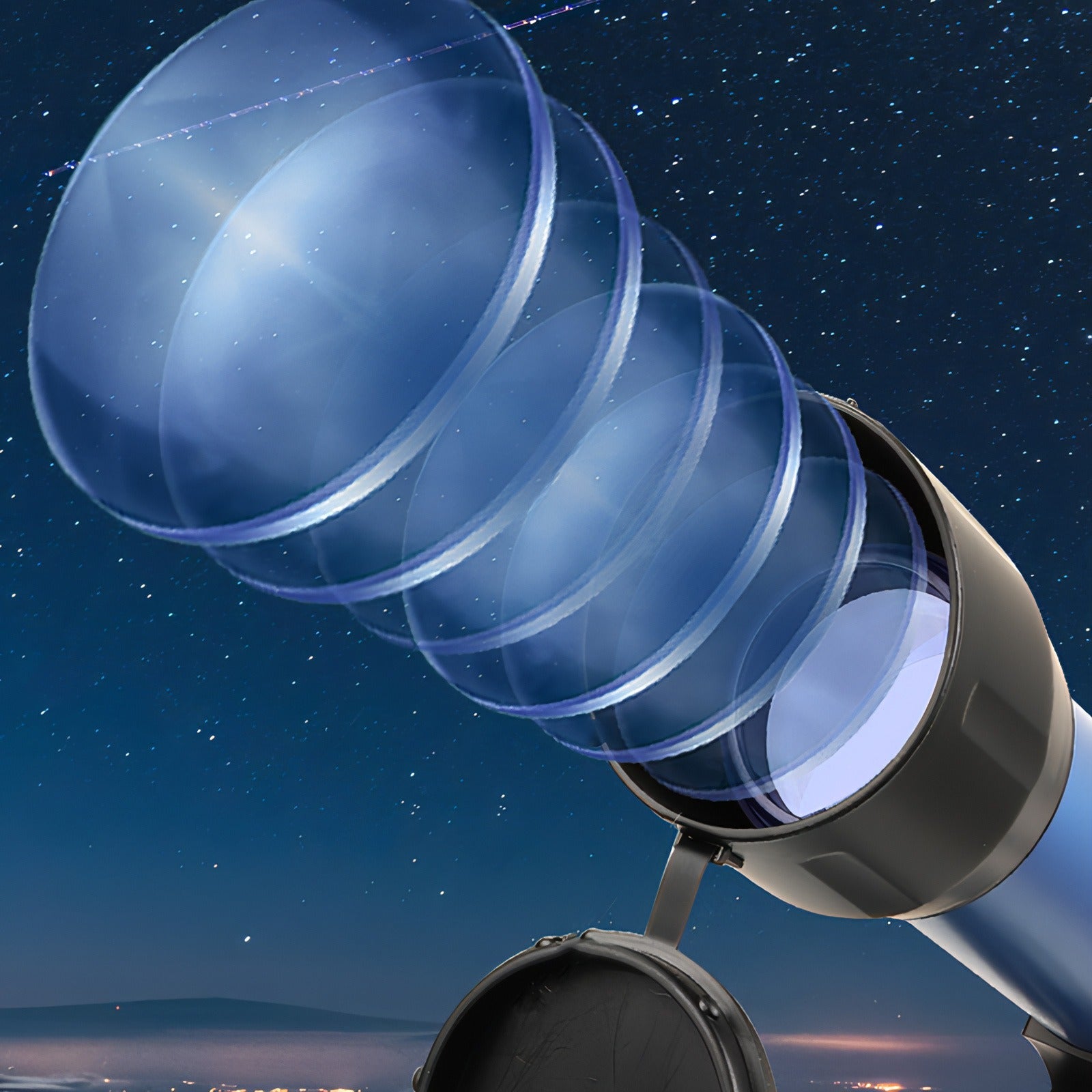 Keovy Telescope with lens elements against a starry night sky