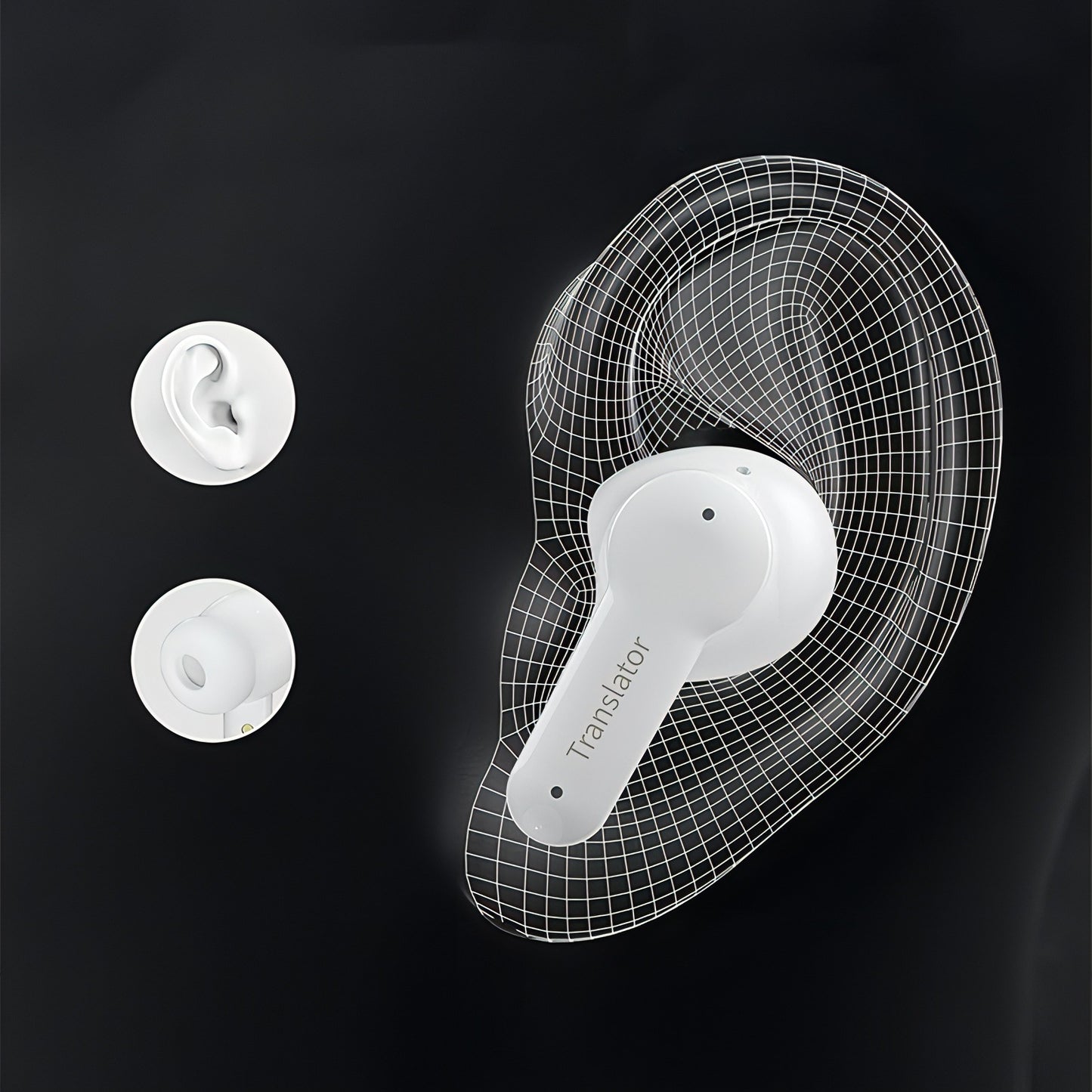 White earbud with 'Translator' text on a black background