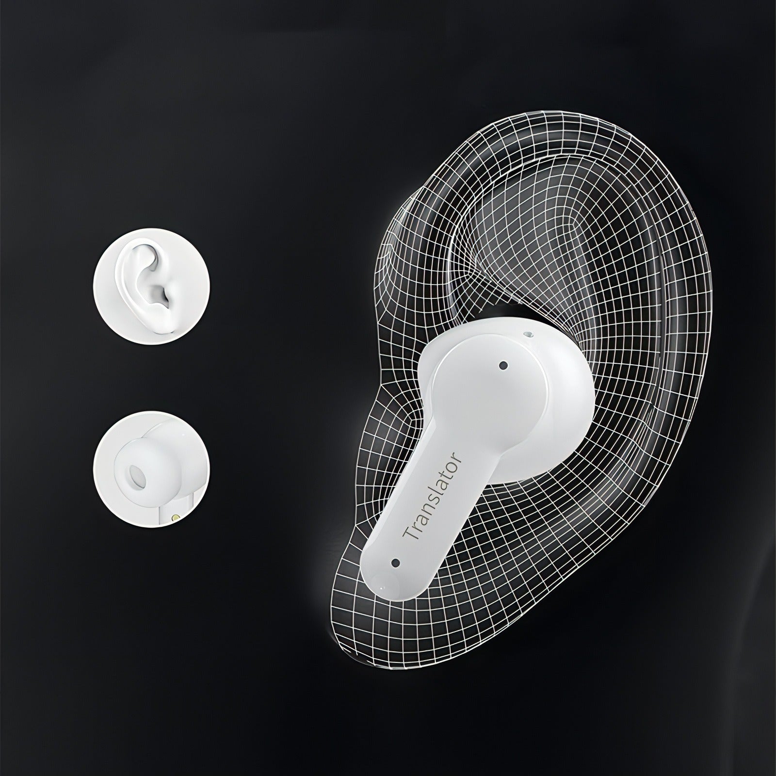 White earbud with 'Translator' text on a black background