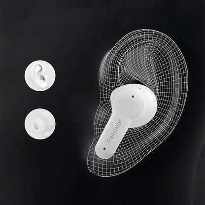 White earbud with 'Translator' text on a black background