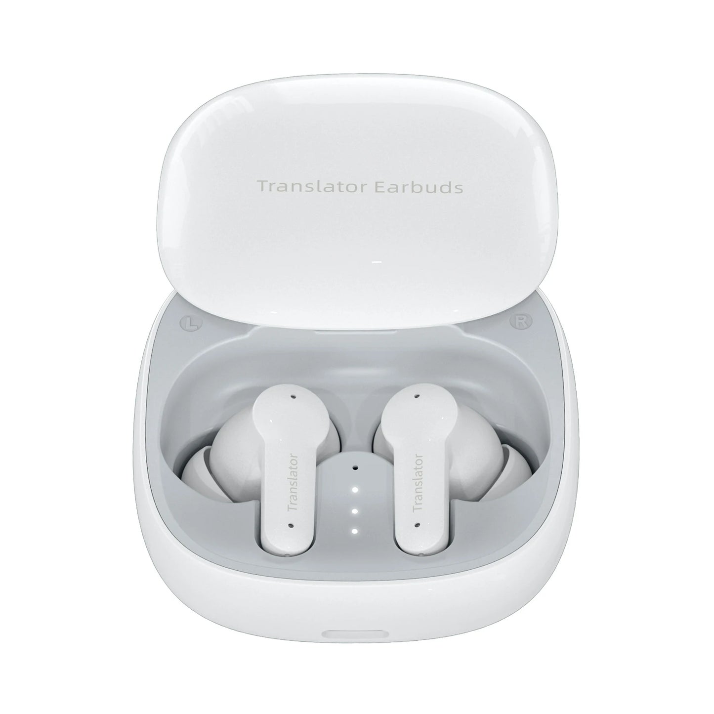 White Keovy Translator Earbuds in a charging case on a white background