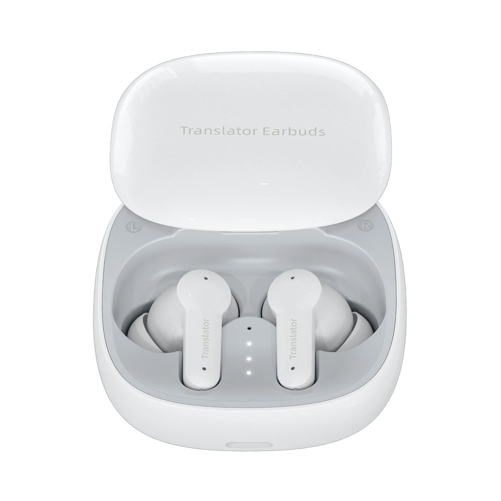 White Keovy Translator Earbuds in a charging case on a white background