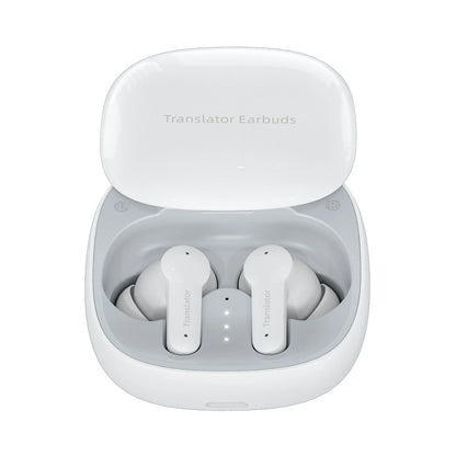 White Keovy Translator Earbuds in a charging case on a white background