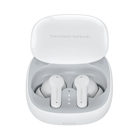 White Keovy Translator Earbuds in a charging case on a white background