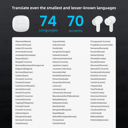 Text and Keovy Translator Earbuds with language support information on a dark background