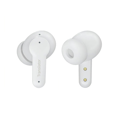 White Keovy Translator Earbuds with 'Translator' branding on a white background