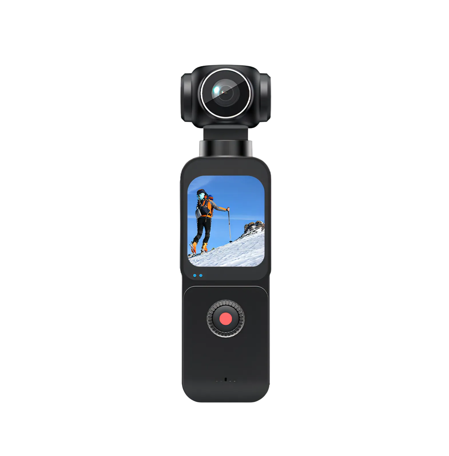 Black Keovy Vlogging Camera with screen displaying a skier on a mountain, on a white background
