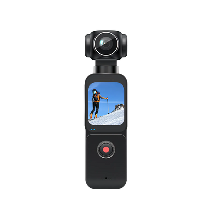Black Keovy Vlogging Camera with screen displaying a skier on a mountain, on a white background