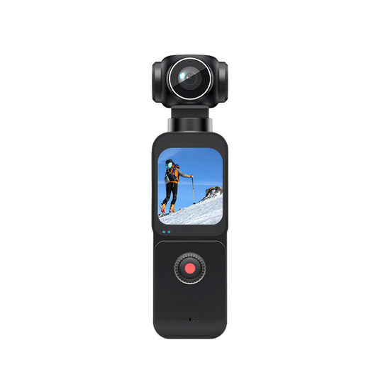 Black Keovy Vlogging Camera with screen displaying a skier on a mountain, on a white background