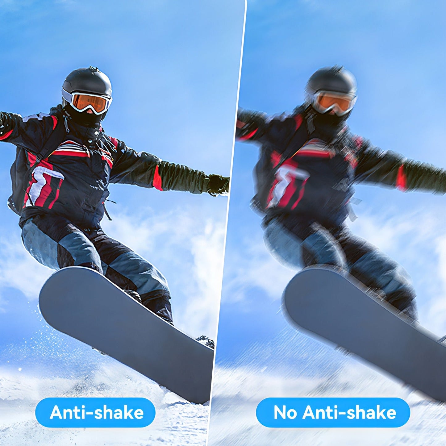Comparison of anti-shake and no anti-shake effects on a snowboarder in action of Keovy Vlogging Camera.
