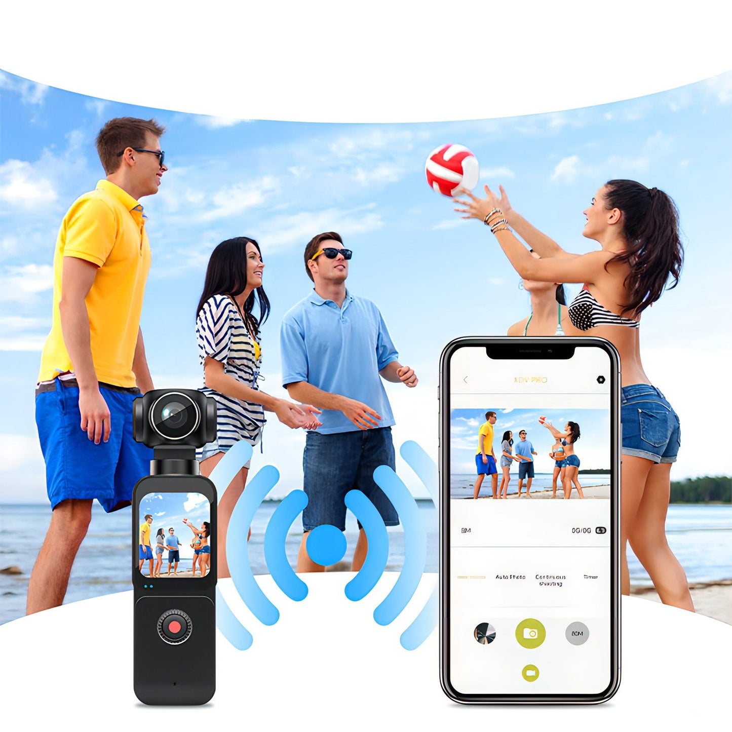 Smartphone with camera app open showing a beach scene, with people playing volleyball.