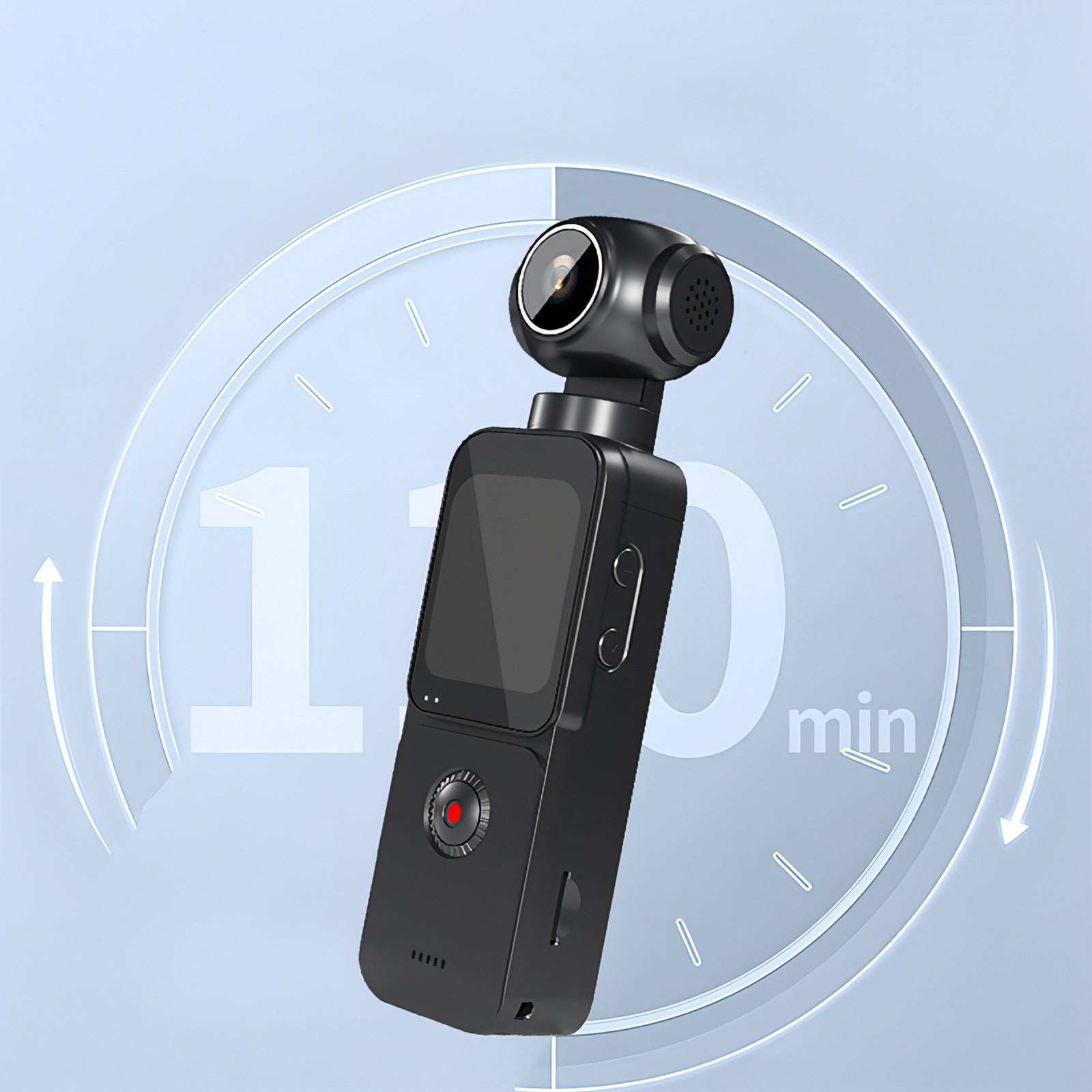 Black Keovy Vlogging Camera with a screen on a light blue background