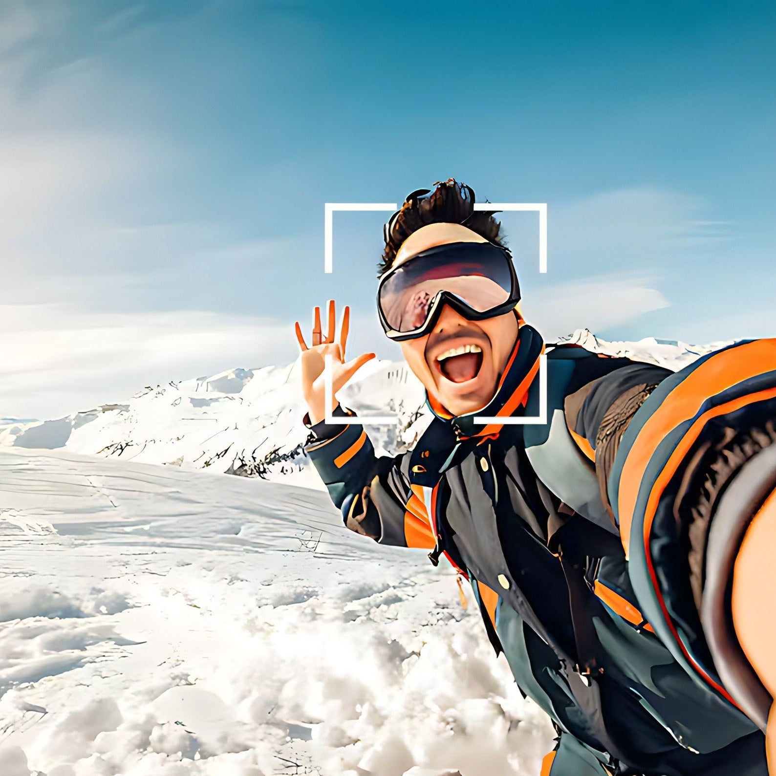Person in winter gear with goggles in a snowy landscape