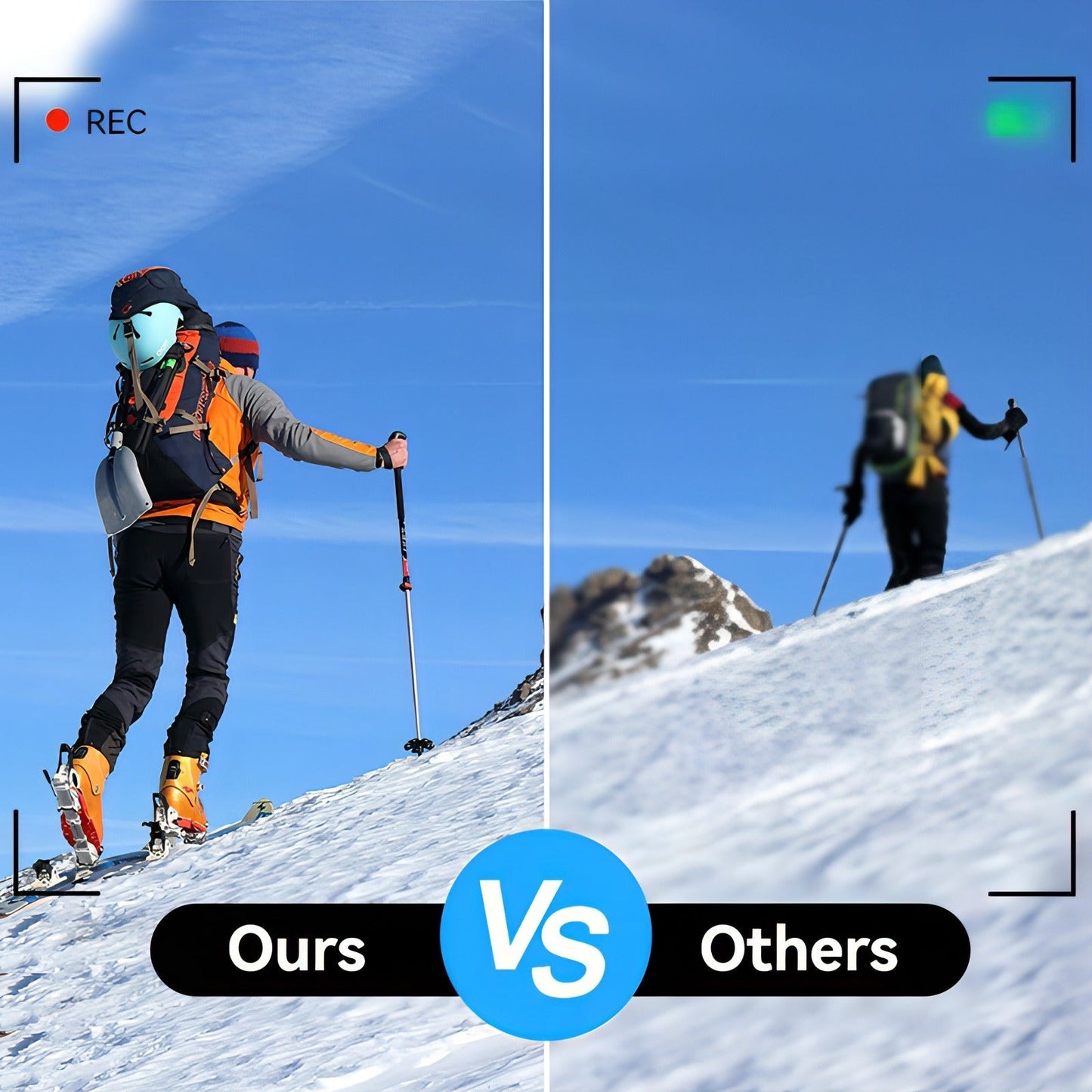 Two skiers on a snowy slope with 'Ours Keovy Vlogging Camera vs Others' text overlay.