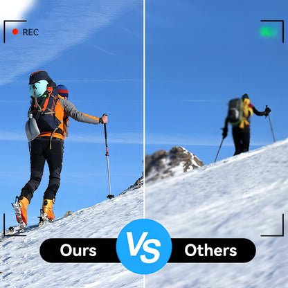 Two skiers on a snowy slope with 'Ours Keovy Vlogging Camera vs Others' text overlay.