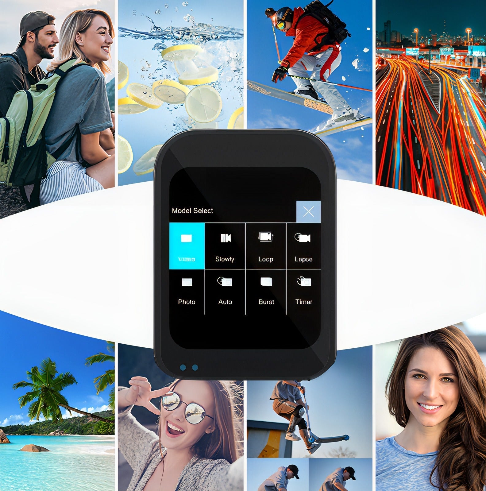 Black Keovy Vlogging Camera with interface on a collage of various images including people, nature, and activities.