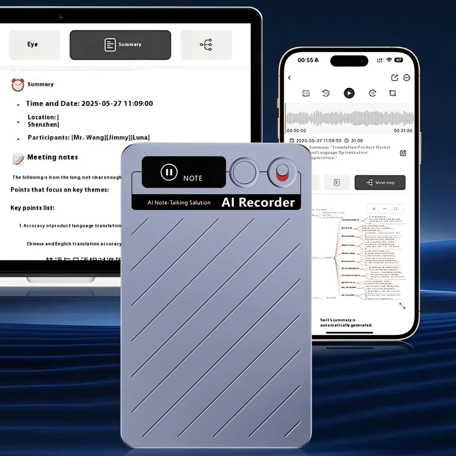 Keovy Voice Recorder device with digital interfaces on a blue gradient background