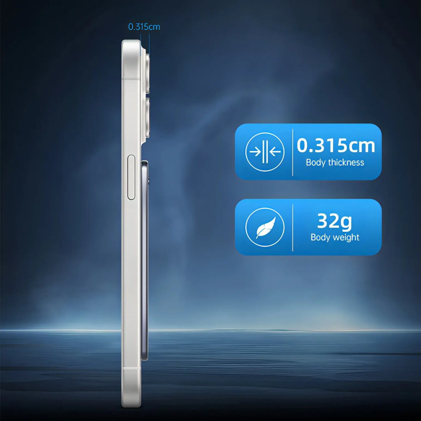Phone side view with thickness and weight specifications on a dark blue gradient background